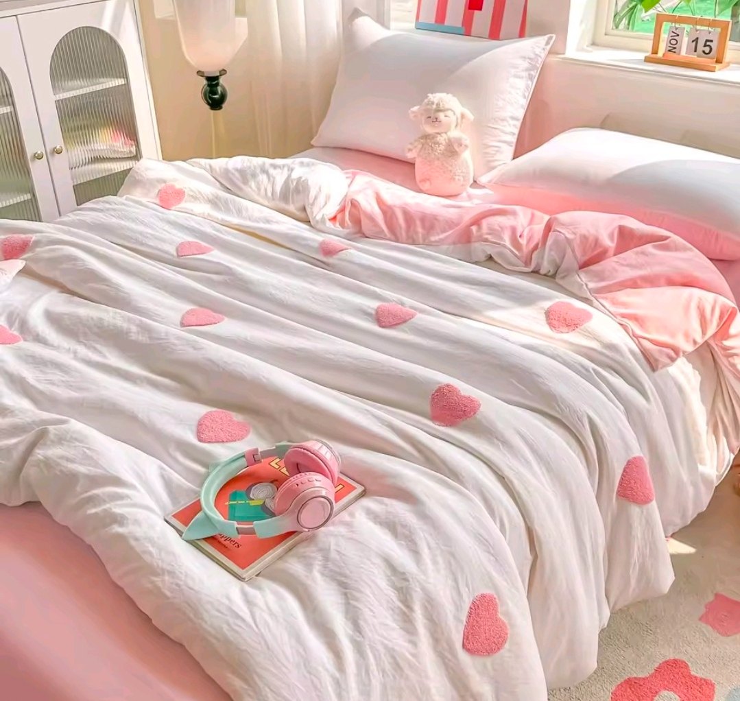 Pink Heart Embroidery Duvet Cover Set