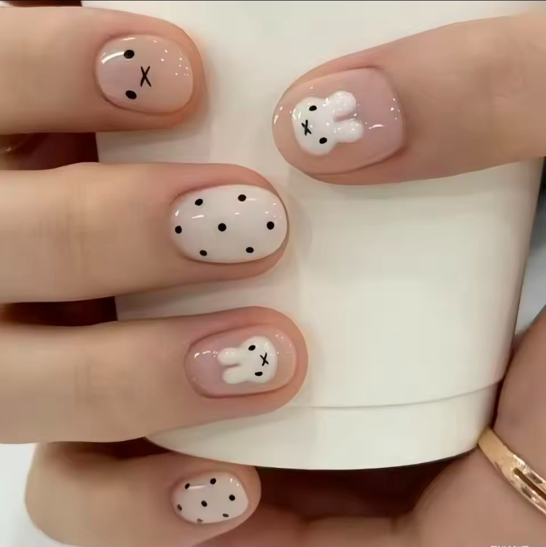 Short Nude Press-On Nails with White Bunny and Polka Dots