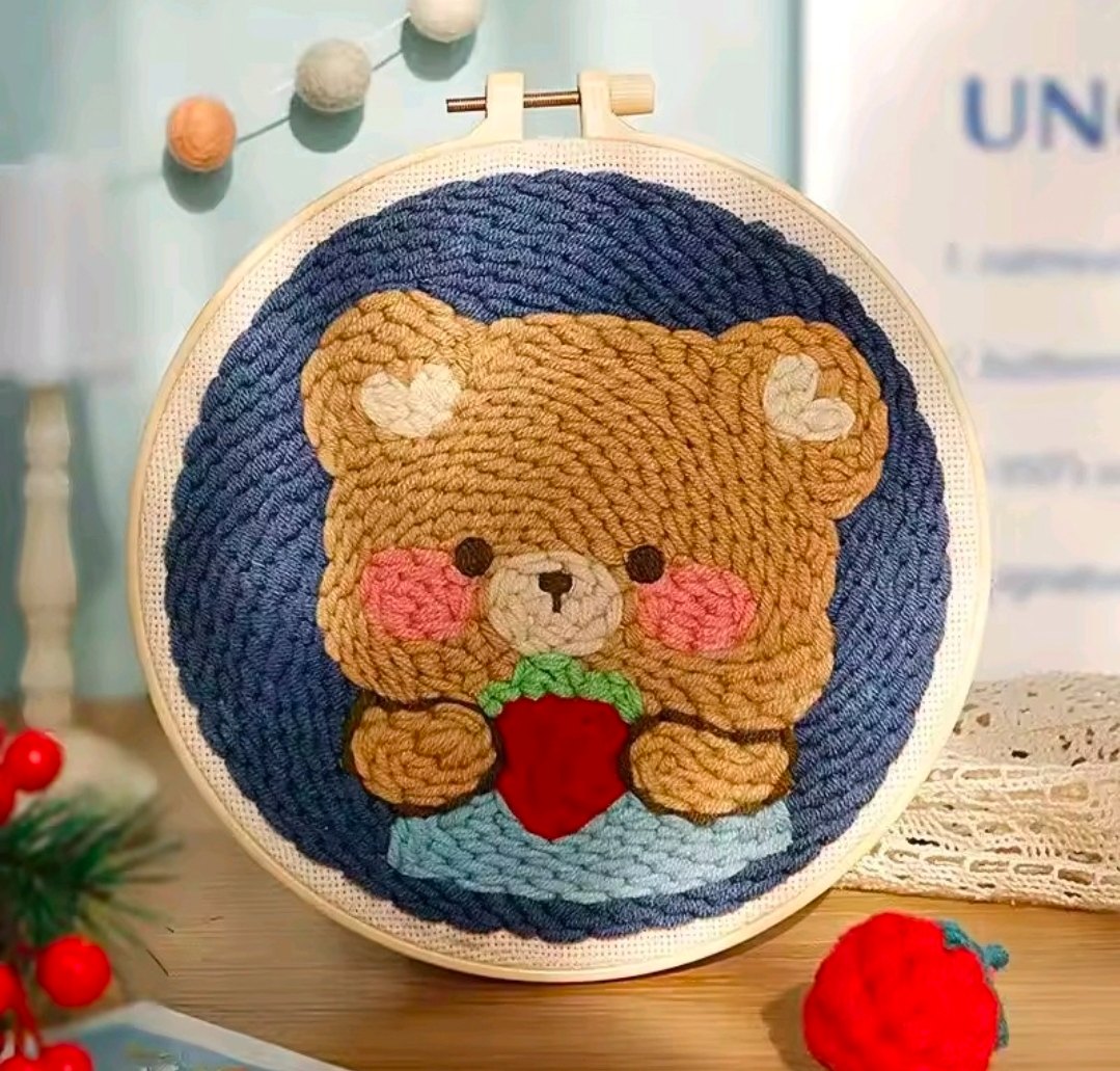 Bear Holding Strawberry Punch Needle Kit